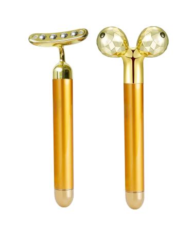 Electric Face Massage Roller, Golden 3D Roller Electric Facial Roller and T Shape Facial Roller Massager Kit, Electric Massage Roller for Puffiness Relief (Gold)