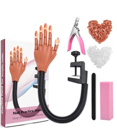 Nail Practice Hand for Acrylic Nails, Flexible Nail Maniquin Hand to Practice Nail Art, Movable Nail Training Hands for Beginners Nail Skills Practicing with 200pcs Fake Nails Tips Type A nail hand