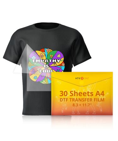 HTVRONT DTF Transfer Film for Sublimation - 30 Sheets of A4 (8.3 11.7) DTF Paper for Inkjet Printers  Direct to Film Transfer Paper for Cotton T Shirts  Easy to Use  Vivid Colors  Easy to Indentify A4  30 Sheets