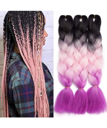 Tess Braids Extensions Ombre 60 cm 3 pack jumbo braids Kanecalon Kunsthaar For single-laid box braids hair extension braid 100g/bundle of bundle ombre hair braids extension (3 piece-black/purple ombre) 60 cm (3 pieces) black/purple ombre