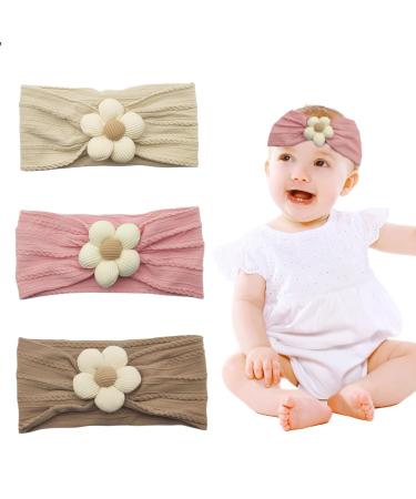 Lilbitty 3 pieces baby flowers forehead straps for babies girls nylon headbands soft hair bands hair accessories for newborns toddlers children