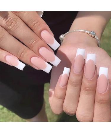 Long French False Nails Square 24 Pieces French Tip False Nails Matte Nude White False Nails Full Cover Press On Nails with Jelly Glue (Long Square White Matte)