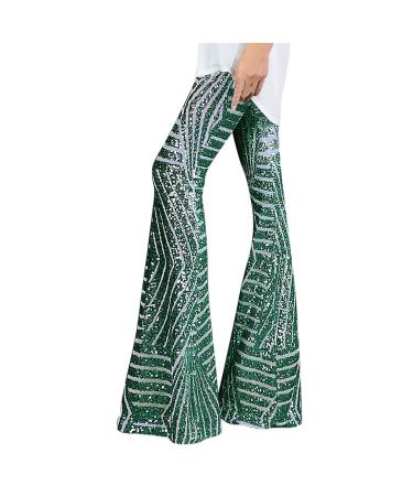 TUNUSKAT Sequin Pants for Women 70s Sparkly High Waist Wide Leg Palazzo Pants Night Club glitter Flare Trousers Disco Outfits X-Large A1_army Green