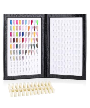 BNG Nail Colour Display Book 180 Colors Nails Art Card Chart with 240 Pcs False Nails Tips Leather Book For Salon Gel Polish Sample Showing Tools Black 180 Colors Black