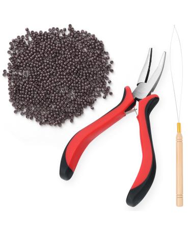 Vlasy Hair Extensions Tools Kit Professional Tools With Hair Extension Pliers Loop Threader and 200PCS 3.0mm Silicone Hair Extension Rings Beads Links (Brown) Brown Beads Loop Threaders Pliers Set