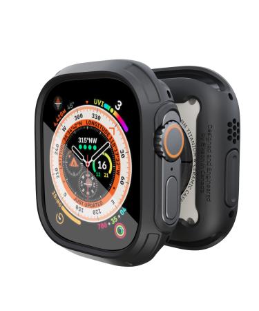 Elkson Compatible Apple Watch Ultra Bumper Case & Screen Protector Kit 49mm Quattro Max Series Rugged, Military-Grade Durable Flexible Shockproof Protective Cover with Tempered Glass for iWatch, Black Black 49mm