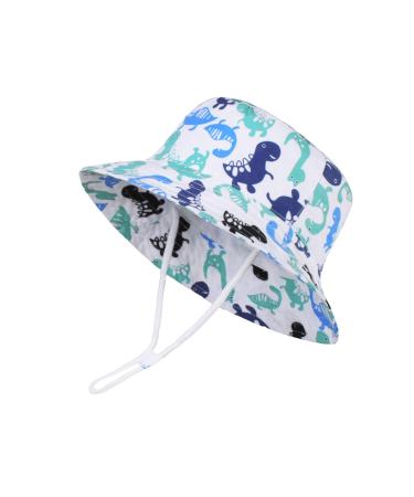 LANGZHEN Beach Sun Protection Hat for Baby Girls Adjustable Toddler Kids Hat Wide Brim Summer Play Hat with Chin Strap Multicolor Dinosaurs 1-2 Years