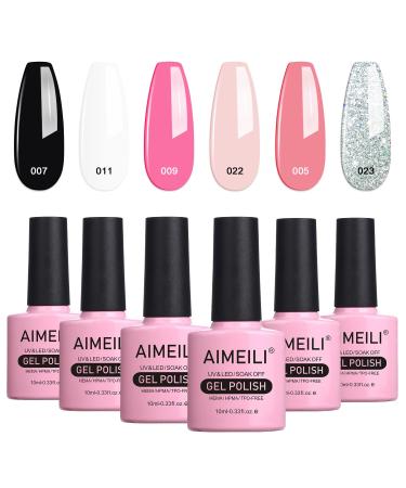 AIMEILI Gel Nail Polishes Nude Pink Black White Glitter Gel Polish Set Soak Off UV LED Nail Salon Set Gel Varnish Manicure Set - Long Lasting & Easy to Apply 6pcs X 10ml - Kit1 KIT6-1 1.67 ml (Pack of 6)