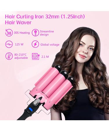 Awhoas 3 Barrel Curling Iron 32MM Hair Waver | Triple Barrel Hair Crimper for Women | Pink Curling Wand with LCD Temp Display - Buy Online on SooperMarket.com