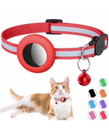 Airtag cat neck band reflective air day cat necking band with bell and airtail holder compatible with Apple Airtag beautiful cat necklace with a stoppable safety buckle for kitten puppies red