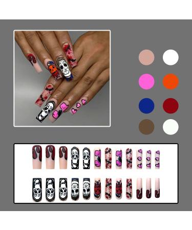 Extra Long Halloween Press on Nails - Pumpkin Ghost & Bat Design | Matte Nude Coffin Full Cover Fake Nails - 24 Pcs with Adhesive Jelly Glue - Buy Online on SooperMarket.com