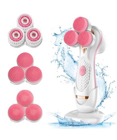 3D Facial Cleansing Brush Electric Face Scrubber with 3 Replacement Heads for Deep Cleaning|Gentle Exfoliate|Tighten Skin (Pink)