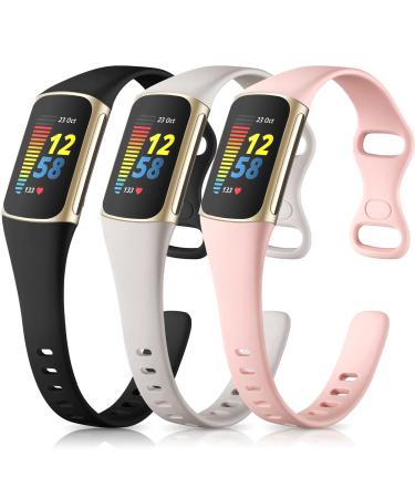 Maledan Slim Band Compatible with Fitbit Charge 5 Bands for Women Men, Soft Silicone Adjustable Sport Band Replacement Wristbands for Fitbit Charge 5 Fitness Tracker, 3 Pack Black/Gray/Pink