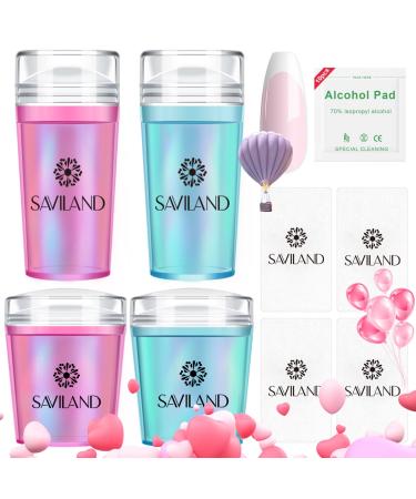 Saviland French Tip Nail Stamp - 18PCS Clear Silicone Nail Stamping Nail Art Stamper Kit, Blue+Pink Radium Long & Short Jelly Stamper with Scrapers Nail Stamper Kit for French Manicure