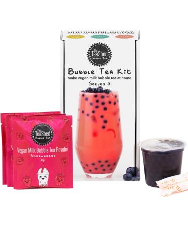 Vegan Milk Bubble Tea Kit Gift Box | 3 Servings | Set includes Strawberry Powder Blueberry Popping Boba and Paper Straws | By The TeaShed