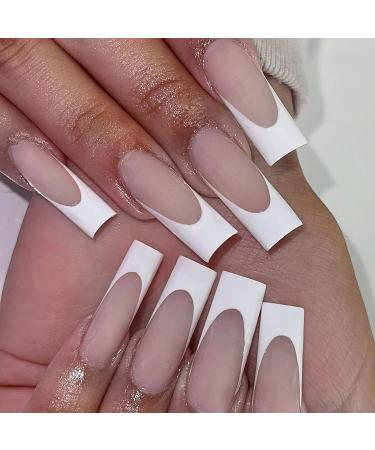 24PCS Long French False Nails Square - Matte Nude White Full Cover Press on Nails for Women Girls - Jelly Glue Included - Buy Online on SooperMarket.com