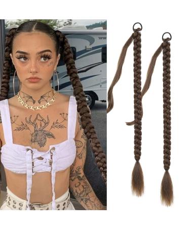 Fulang hair 2pcs braid ponytail extension braid with hair tie hair part for brilliant long ponytail art hair for women braided hair part (light brown)