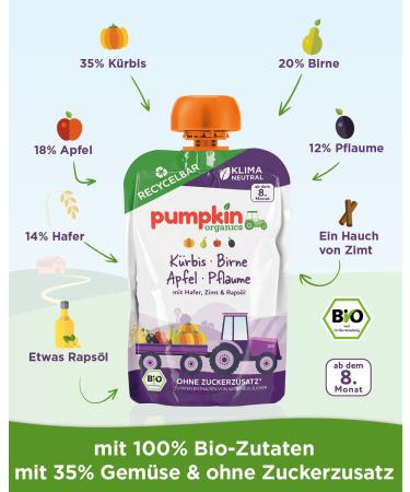 Organic Baby Food Puree - Pumpkin Pear Apple Plum Oats & Cinnamon | 32 Recyclable Squeeze Pouches (100g Each) | 8+ Months - Buy Online on SooperMarket.com