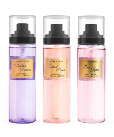 Clean-n-Fresh Body Spray Mist for Women Fragrance Sets Pack of 3 Each 3.4 Fl Oz Total 10.2 Oz
