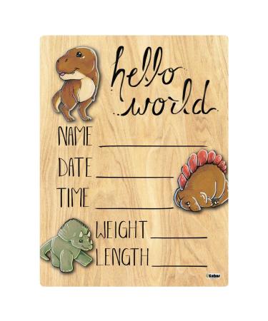 Cohas Hello World Newborn Baby Announcement Printed Wood Sign with Dinosaur Theme, 5 by 7 Inches, No Marker 5 by 7 Inch No Marker