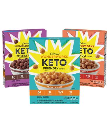 Wonderworks Variety Pack Keto Friendly Breakfast Cereal Chocolate Cinnamon and Peanut Butter 10.2 oz (Pack of 3)