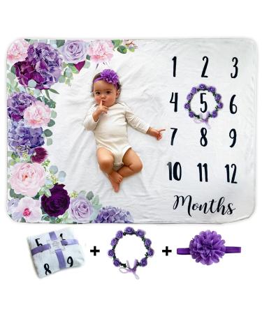 Baby Monthly Milestone Blanket | Includes Floral Wreath & Headband | 1 to 12 Months | Extra Soft Fleece | Best Photography Backdrop Photo Prop for Newborn | Baby Girl
