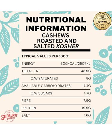 Sunburst Snacks Roasted Salted Cashew Nuts 1kg - Kedassia Certified, Kosher, Recyclable Pouch - Buy Online on SooperMarket.com