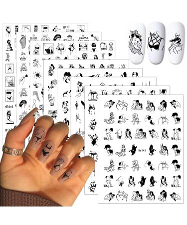 8 Sheets Black White Nail Art Stickers 3D Self Adhesive Bad Girls Nail Designs Stickers Abstract Sexy Black White Flower Love Nail Stickers for Women Girls Sexy Girls Nail Charms DIY Manicure Tips D6