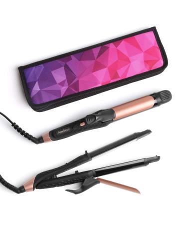 AmoVee Travel Curling Iron, 2 in 1 Flat Iron Mini Hair Straightener, Dual Voltage, 1 inch, Carry Bag Included (Black)
