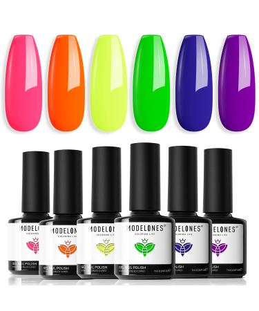 modelones Gel Nail Polish Set-Neon 6 Colors Gel Polish Summer Hot Pink Bright Nail Polish Gel Neon Yellow Green Purple LED Gel Nail Kit Popular Nail Art Manicure DIY Festival Gift for Women DIY Salon A1 C Neon