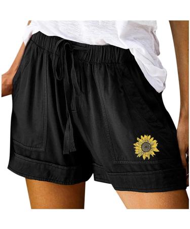 Gufesf Casual Shorts for Women, Womens Lightweight Shorts Linen Comfy Elastic High Waist Casual Shorts with Pockets Y2-black Large