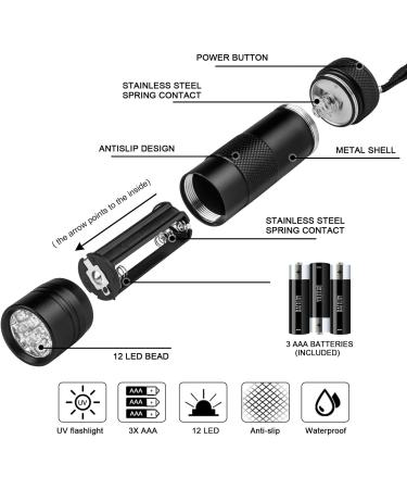 BeinHome UV Flashlight Black Light - 5 Pack UV Lamps with 12 LEDs 395nm Pet Urine Detector for Dog and Cat - Includes 15 AAA Batteries - Buy Online on SooperMarket.com