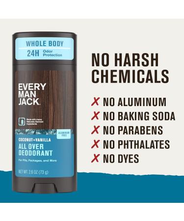 Every Man Jack All Over Deodorant - 24 Hour Whole Body Odor Protection - Aluminum Free - Coconut + Vanilla Scent 2.6 oz (1 Pack) Coconut + Vanilla 2.6 oz (Pack of 1) - Buy Online on SooperMarket.com