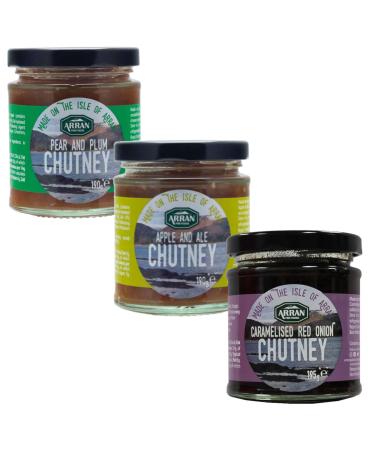 Arran Fine Foods Chutney Selection Bundle - 3 Delicious Flavours - Caramelised Red Onion Apple & Ale Pear & Plum 3 x 190g Jars