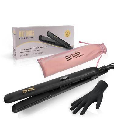 Hot Tools Pro Signature Ceramic + Tourmaline Flat Iron for Sleek Results, 1 Inch Plates Black