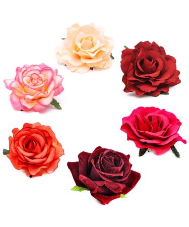 BABEYOND Rose Flower Hair Clips Bride Flower Hair Accessories Flamenco Dancer Pins (Red2 6PCS)