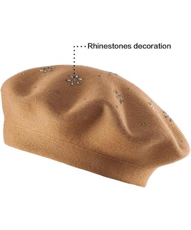 LADYBRO Rhinestone Beret Hat for Women - 2 Layer Wool French Winter Hat (Black/Red/Light Tan) - Floral Pattern - Buy Online on SooperMarket.com