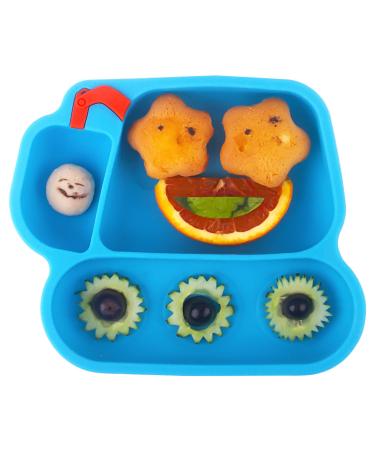 Silicone Suction Plate for Toddlers - Self Feeding Training Divided Plate Dish and Bowl for Baby and Toddler Fits for Most Highchairs Trays Excavator-sky