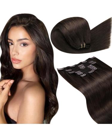 LAAVOO 135G real hair Extensions clip in brown double tresse clip in hair extension real hair dark brown remy clip in extensions real hair brown extensions real hair clips 50cm #2 7pcs 50cm-135g 1.2 #2