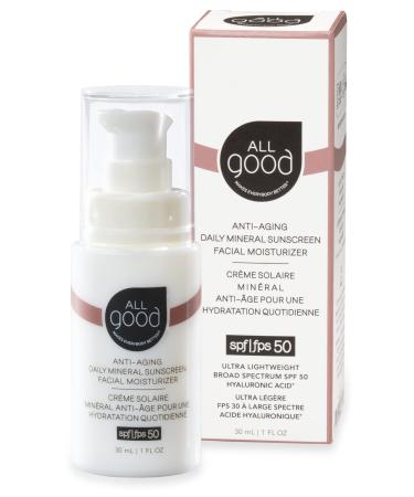 All Good Anti-Aging Daily Mineral Sunscreen Face Moisturizer with SPF 50 Protection | w/ Hyaluronic Acid  Niacinamide  Calendula Extract | Hydrating Daily Sunscreen Lotion w/ Broad Spectrum Protection - 1oz