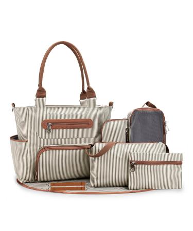 SONARIN 7pcs Nappy Changing Bag Set Multifunction Mummy Tote Bag Baby Changing Bag Shoulder Handbag Travel Diaper Bag with Bottle Bag Changing Mat and Stroller Straps white stripped(Khaki)