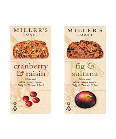 Artisan Cheese Biscuit Variety 2 Pack - Contains Millers Toast Cranberry & Raisin Fig & Sultana (2 x 100g) Thin and Crispy Fruit Toasts