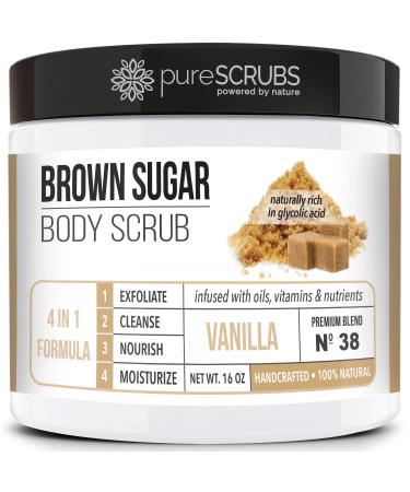 pureSCRUBS Premium Organic Brown Sugar VANILLA FACE & BODY SCRUB Set - Large 16oz, Infused With Organic Essential Oils & Nutrients INCLUDES Wooden Spoon, Loofah & Mini Exfoliating Bar Soap