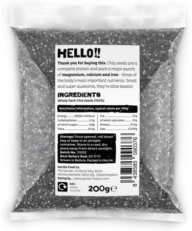 Gorilla Food Co. Whole Dark (Black) Chia Seeds - 200g - Raw Non-GMO - Buy Online on SooperMarket.com