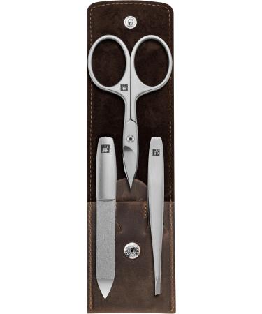 Twin manicure and pedicure set travel etui set for hands and feet nail care real leather 3-part premium brown 3 pieces (1 Pack)
