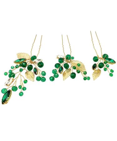 Emerald Green Rhinestone Gold Leaf Wedding Hair Pins - Pack of 3 | Bridal Hair Accessories for Women Girls - Buy Online on SooperMarket.com