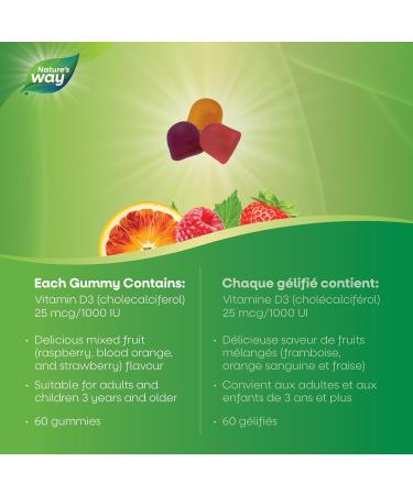 Nature's Way Vitamin D Gummies - Immune and Bone Support - 1000 IU Vitamin D3 per gummy - Strawberry Peach and Mango Flavoured Gummies - 60 Gummies - Buy Online on SooperMarket.com