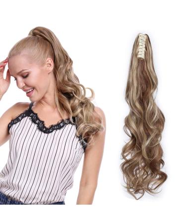 Silk-co Claw on Ponytail Extensions Synthetic Clip in Hairpiece Pony Tail Extension Long Big Wavy Curly 24 inch Light Brown&Blond 24inch (Pack of 1) Light Brown&Blond