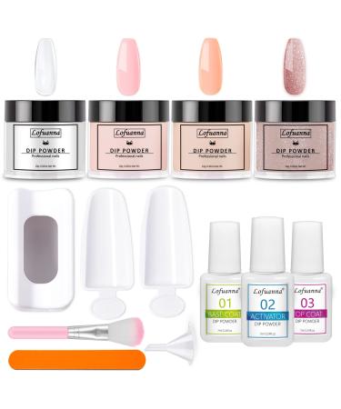 Lofuanna Dip Powder Nail Kit Starter-4 Colors Clear Pink Nude Glitter Pink Dipping Powder with Base&Top Coat&Activator No UV/LED Needed All-in-One DIY French Nail Art Manicure Set for Beginners