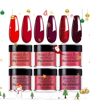 Honey Joy 6 BOX/SET Wine Red Dip Powder Glitter Dark Barn Red Fine Dipping Powder Colors No Need Lamp Cure Like Gel Polish Effect Even & Smooth Finishing (DP-L-6pcs-10g/box)